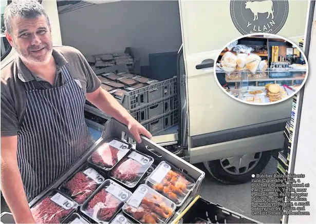 ??  ?? Butcher Emlyn Roberts runs Cigoedd y Llain, a butchery business based at Parc Glasfryn, Y Ffôr, near Pwllheli – an early adopter of Siop.io. Inset: food from Becws Islyn Bakery, a small bakery run by Gillian and Geraint Jones in Aberdaron