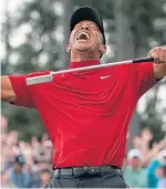 ?? Picture: AP. ?? Tiger Woods celebrates his stunning triumph at Augusta.