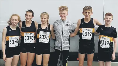  ??  ?? Houghton Harrier’ medallists. From left: Amy Leonard, Anna Pigford, Lydia James, Henry Johnson, Will Bellamy and Chris Coulson