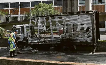  ?? Célio Messias/Folhapress ?? Caminhão incendiado por criminosos em ataque à empresa Brinks em Ribeirão Preto (SP)