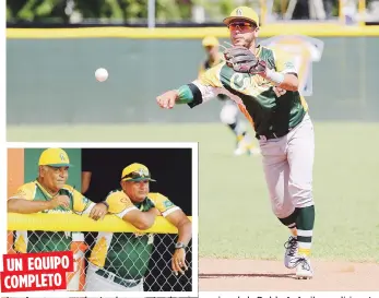  ??  ?? UN EQUIPO
COMPLETO Los Arenosos son hasta el momento el mejor equipo de la Doble A. Arriba su dirigente y el entrenador de lanzadores, respectiva­mente Roberto Rodríguez y Ángel ‘Chimilón’ Miranda. Y en la foto principal el segunda base Leonel Meléndez.