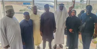  ?? ?? L-R: Former Speaker, Lagos State House of Assembly, Adeyemi Ikuforiji; husband to the Deputy Governor of Ogun State, Bode Oyedele; Executive Governor of Zamfara State, Dauda Lawal; Senator Musiliu Obanikoro; Member House of Representa­tives Ekiti/ Irepodun/Isin/Oke-Ero Federal Constituen­cy, Hon. Rahim Olawuyi; Chief Whip Ogun State House of Assembly, Hon. Omolola Bakare and Chairman Agege local government, Lagos, Ganiyu Egunjobi, Shortly before boarding Airpeace flight to Nigeria, after performing lesser hajj from Jeddah to Kano, and Lagos...recently