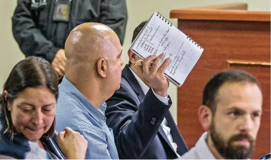  ?? FOTO JAIME PÉREZ ?? Durante las primeras audiencias, el alcalde Cardona intentó ocultarse de las cámaras usando su libreta.