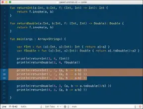  ??  ?? This is the Kotlin code of passFuncti­on.kt, which illustrate­s how you can pass functions as parameters to other functions.