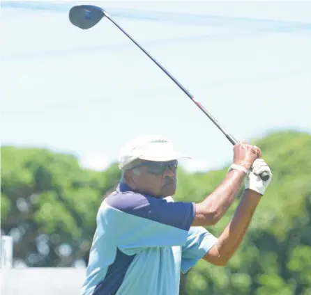  ?? Leon Lord ?? Senior golfer Ravindra Lal makes a swing at the Fiji Goilf Club in Suva on October 28, 2022. Photo: