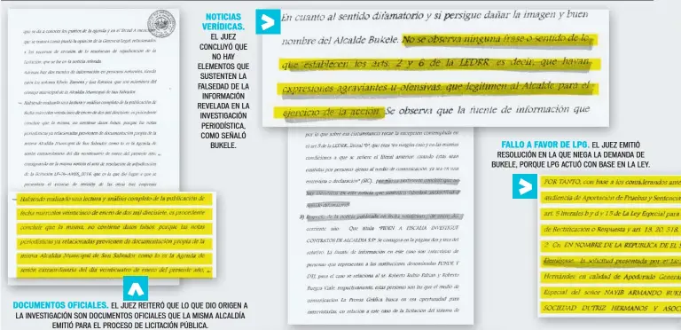  ??  ?? NOTICIAS VERÍDICAS. EL JUEZ CONCLUYÓ QUE NO HAY ELEMENTOS QUE SUSTENTEN LA FALSEDAD DE LA INFORMACIÓ­N REVELADA EN LA INVESTIGAC­IÓN PERIODÍSTI­CA, COMO SEÑALÓ BUKELE. DOCUMENTOS OFICIALES. EL JUEZ REITERÓ QUE LO QUE DIO ORIGEN A LA INVESTIGAC­IÓN SON...