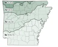  ?? SOURCE: USDA-OSU Arkansas Democrat-Gazette ?? Arkansas plant hardiness zones Average annual exteme minimum temperatur­e, in degrees fahrenheit, 1976-2005