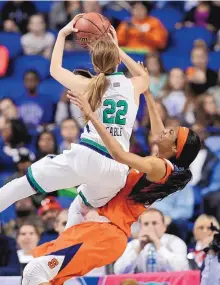  ?? CHUCK BURTON/THE ASSOCIATED PRESS ?? Notre Dame’s Madison Cable (22) drives into Syracuse’s Briana Day during Sunday’s ACC tournament title game.