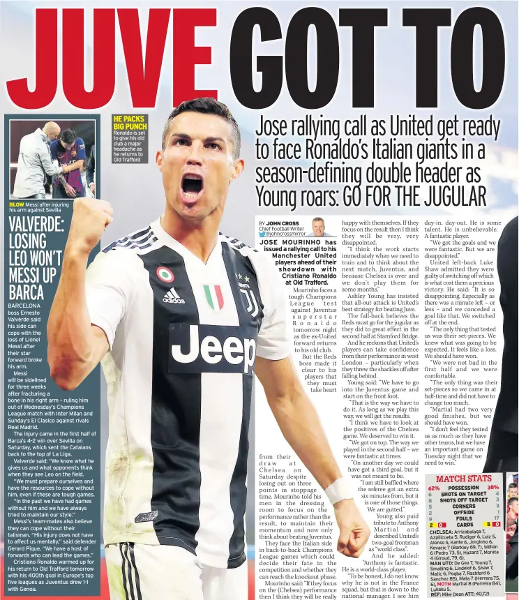  ??  ?? BLOW Messi after injuring his arm against Sevilla HE PACKS BIG PUNCH Ronaldo is set to give his old club a major headache as he returns to Old Trafford