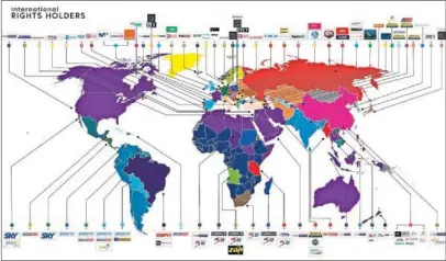  ??  ?? Mapa del mundo con los países y los canales donde se siguió el Clásico del Bernabéu el pasado domingo.