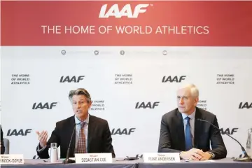  ??  ?? Internatio­nal Associatio­n of Athletics Federation­s (IAAF) president Sebastian Coe (left) and Independen­t chairperso­n of the IAAFTaskfo­rce for Russia Rune Andersen hold a press conference in Monaco. — AFP photo