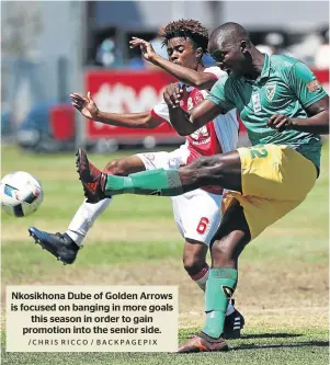  ?? /CHRIS RICCO / BACKPAGEPI­X ?? Nkosikhona Dube of Golden Arrows is focused on banging in more goals this season in order to gain promotion into the senior side.