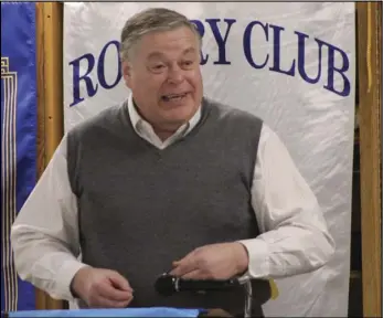  ?? Staff photo ?? Wright State Lake Campus Interim Dean Dan Krane speaks to Rotarians Tuesday morning at Speedway Lanes in New Bremen.