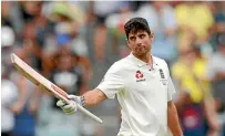  ?? PHOTOS: GETTY IMAGES ?? Alastair Cook celebrates reaching his double century, above, after surviving a dropped chance on 153 when Australian captain Steve Smith put down a sharp chance, below.
