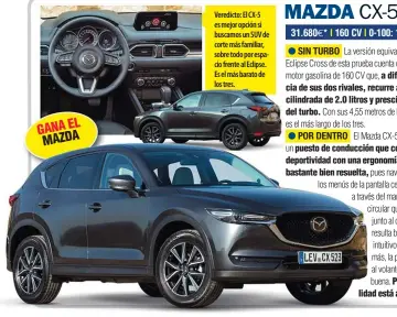  ??  ?? Veredicto: El CX-5 es mejor opción si buscamos un SUV de corte más familiar, sobre todo por espacio frenteal Eclipse. Esel más barato de los tres.