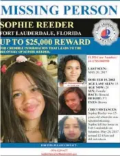  ?? COURTESY ?? Fort Lauderdale Police are offering a reward of up to $25,000 for credible informatio­n that leads to the recovery of Sophie Reeder, who was 15 years old when she left her home in Fort Lauderdale in May 2017 and did not return.