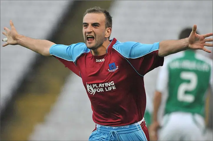  ?? Picture: Stephen McCarthy/Sportsfile ?? Fahrudin Kuduzovic, who would go on to play for Dundalk, celebrates after scoring one of the goals in Drogheda United’s 2008 Champions League aggregate victory over Levadia Tallinn. Now it’s the Lilywhites’ turn to take on the Estonians in Europe.