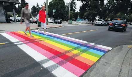  ?? — NICK PROCAYLO ?? A rainbow crosswalk at Glover Road and Mary Avenue in Fort Langley, a tribute to the dozens who were killed at a gay nightclub in Florida last year, was defaced Friday night or early Saturday.