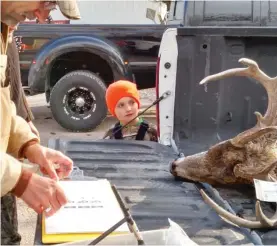  ??  ?? One advantage of having deer check- in stations in counties with chronic wasting disease is the ability of IDNR staff to answer questions. Joey Patyk watches fisheries biologist Rob Miller work on a buck at a check station in 2015.
| DALE BOWMAN/ FOR...