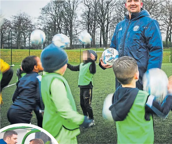  ??  ?? (Above) Martin Canning coaches the kids of North Kelvin yesterday morning, 12 months after being up against Brendan Rodgers