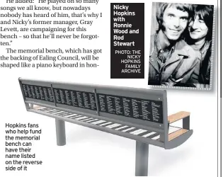  ?? PHOTO: THE NICKY HOPKINS FAMILY ARCHIVE ?? Hopkins fans who help fund the memorial bench can have their name listed on the reverse side of it Nicky Hopkins with Ronnie Wood and Rod Stewart