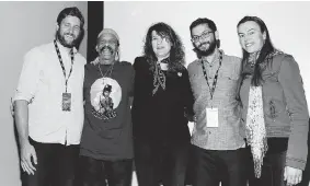  ??  ?? Guitarist Mabon (Teenie) Hodges, second from left, is shown in February with directors Andrew Schoneberg­er, left, Susanna Vapnek, Scott Erickson and Emily de Moor.