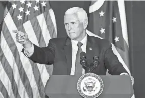  ?? CARA OWSLEY/AP ?? Vice President Mike Pence speaks during the Make America Great Again Event at Lunken Airport in Cincinnati on Wednesday.