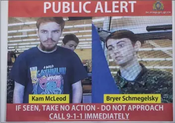  ??  ?? Security camera images of Kam McLeod, 19, and Bryer Schmegelsk­y, 18, are displayed during a news conference in Surrey, British Columbia, on Tuesday. DARRYL DYCK/THE CANADIAN PRESS VIA AP