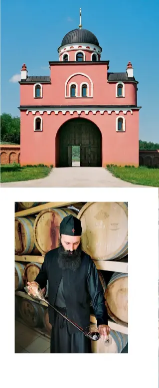  ??  ?? From top: The Krušedol Monastery, in the Fruška Gora wine region of northern Serbia; Father Platon, a monk at Manastir Bukovo in Negotin, eastern Serbia, with barrels of his wine.