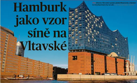  ?? Foto: Martin Bajtler, MAFRA ?? Střecha 108 metrů vysoké Labské filharmoni­e v Hamburku má připomínat vlny na Labi.