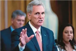  ?? J. SCOTT APPLEWHITE/AP ?? House Speaker Kevin McCarthy, R-Calif., addresses the media at a news conference Thursday at the Capitol as the House prepares to leave for its August recess.