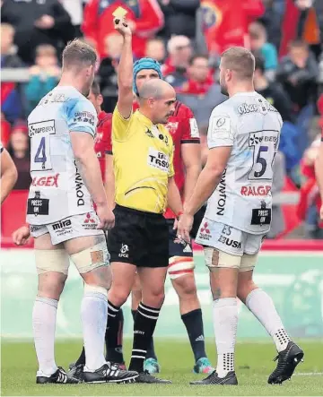  ??  ?? Tom Savage and, inset, Danny Cipriani both hit card trouble at Thomond Park