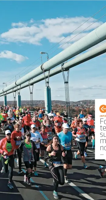  ??  ?? #
ON YOUR MARKS Runners at the start of the 2016 New York City Marathon cross the Verrazano-Narrows Bridge from Staten Island to Brooklyn. For the next 26.2 miles, Impinj chips on their bibs tracked their progress.