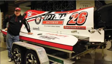  ?? Photo contribute­d ?? Mike McLellan of Kelowna is displaying his Formula 1 and Formula 150 tunnel racing boat at the Vancouver Internatio­nal Boat Show through Jan. 21.