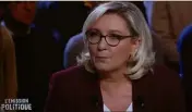  ?? (Capture d’écran F. V.) ?? Marine Le Pen sur le plateau de France , hier soir : « Le gouverneme­nt ne peut pas dire que le Grand Débat est un succès. Le président de la République ne sait d’ailleurs pas comment en sortir. »