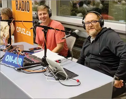  ?? Special to The Herald ?? Nils Finnsson and Dave Del Rizzo of Peach City Radio doing a live broadcast of a municipal election forum last fall at Okanagan College.