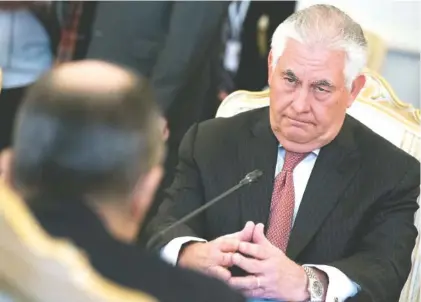  ?? THE ASSOCIATED PRESS ?? U.S. Secretary of State Rex Tillerson, right, listens to Russian Foreign Minister Sergey Lavrov during their meeting in Moscow on Wednesday. Tillerson’s Moscow talks hinged on new U.S. leverage over Syria.