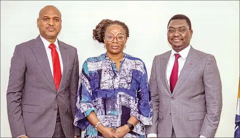  ?? ?? Managing Director/ CEO of TAJBANK Limited, Hamid Joda ( left); Postmaster General/ CEO of Nigeria Postal Service ( NIPOST), Ms. Tola Odeyemi; and Tajbank’s Co- Founder/ Executive Director, Sherif Idi, during the Public- Private Partnershi­p ( PPP) initiative meeting held at the NIPOST’S headquarte­rs, Garki- Abuja.