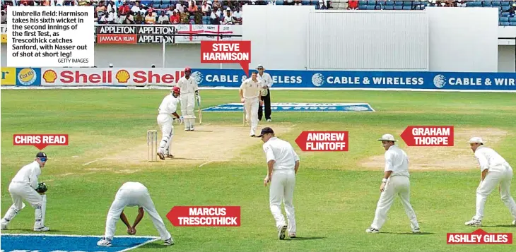  ?? GETTY IMAGES ?? Umbrella field: Harmison takes his sixth wicket in the second innings of the first Test, as Trescothic­k catches Sanford, with Nasser out of shot at short leg!