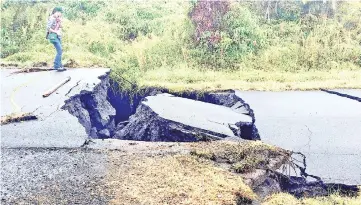  ??  ?? A geologist inspects cracks on a road in Leilani Estates.
