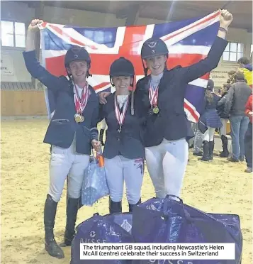  ??  ?? The triumphant GB squad, including Newcastle’s Helen McAll (centre) celebrate their success in Switzerlan­d