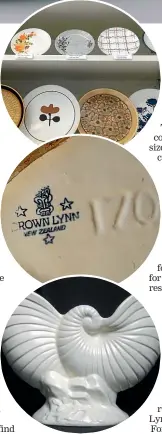  ??  ?? From top: Collectabl­e plate patterns, a Crown Lynn tiki stamp next to the base number 170 for a large swan vase, and a mid-century design, double nautilus vase.