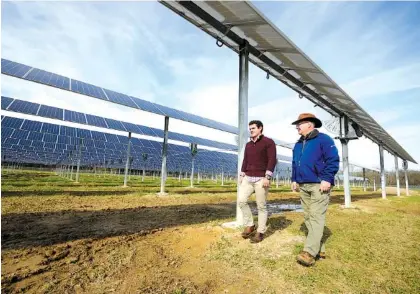  ?? STAFF PHOTO BY TIM BARBER ?? Rossville Solar Farm founder Barney Danks, right, walks with his son, Trey, beneath rows of panels at the six-acre property in Rossville.
