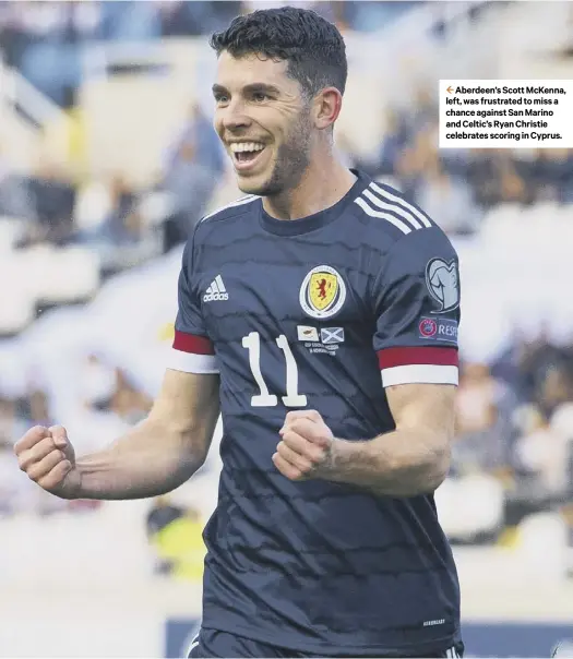  ??  ?? 2 Aberdeen’s Scott Mckenna, left, was frustrated to miss a chance against San Marino and Celtic’s Ryan Christie celebrates scoring in Cyprus.