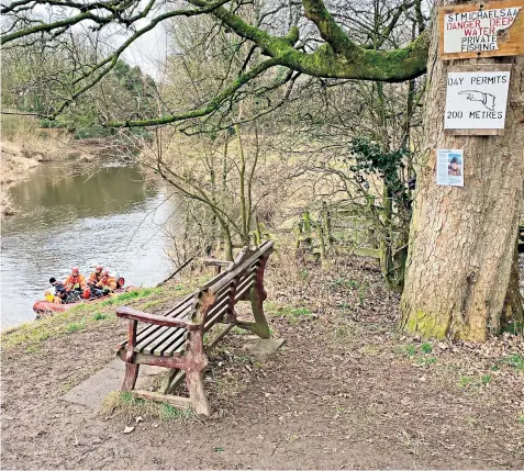  ?? ?? Police search teams, above and right, on the river in front of the bench where Nicola Bulley, left, was last seen on Friday