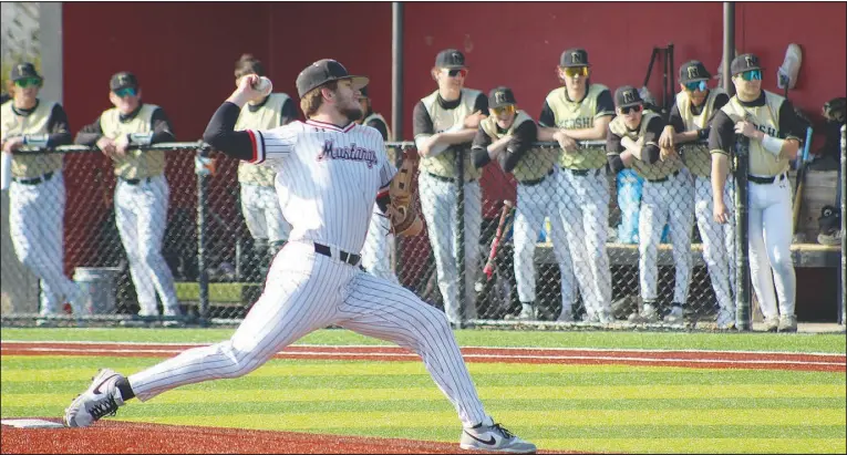  ?? Daniel Bereznicki/McDonald County Press ?? Destyn Dowd (No. 15) pitches the ball as Neosho players watch their teammate stand ready at home plate.