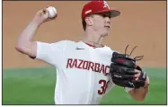  ?? (Special to the Democrat-Gazette/James D. Smith) ?? In his first career start, right-hander Peyton Pallette threw 72 pitches over 41/3 innings, allowing no runs on 1 hit and 2 hit batsmen, with 8 strikeouts and 1 walk in No. 8 Arkansas’ 4-0 victory over No. 9 Texas on Sunday in Arlington, Texas.