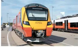  ?? TONY STREETER. ?? South West Trains 707006 was displayed at InnotTans. The five-car electric multiple unit is one of 30 Desiro City trains that are on order for SWT, with deliveries starting this year. They enter traffic next year.