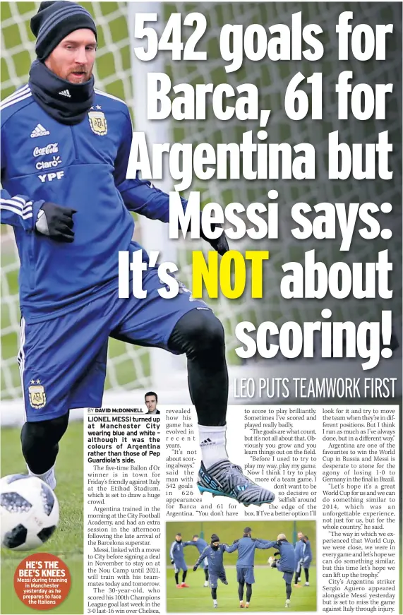  ??  ?? HE’S THE BEE’S KNEES Messi during training in Manchester yesterday as he prepares to face the Italians
