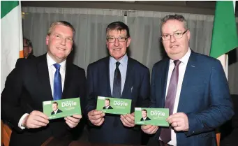  ??  ?? Cllr. Ian Doyle pictured with Michael McGrath, T.D. ,and Michael Moynihan, T.D., at the launch of his campaign for re-election to Cork County Council.